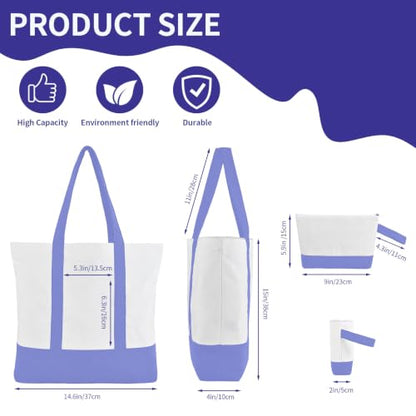 2-Pack Canvas Tote Bags and Makeup Bags, Cotton Zipper Bag, Purple - color: Purple/White