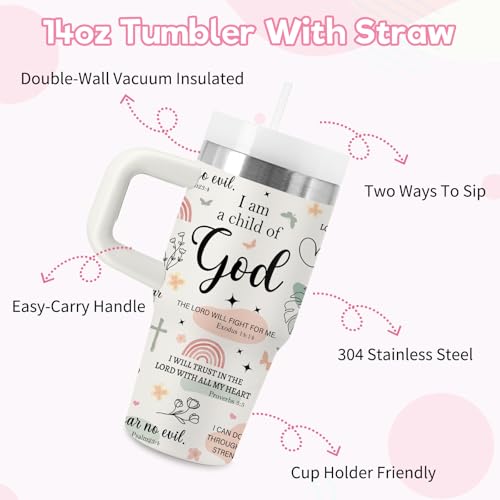 Christian Gifts for Women Girls – 14 oz Tumbler with Handle and Straw, Stainless Steel Insulated - BPA Free, Inspirational Bible Verse Baptism Cup, Religious Birthday Travel Gift (Child of God) - color: Child1