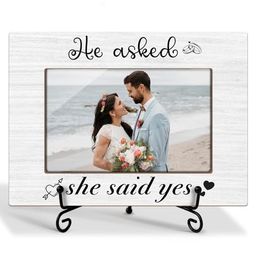 Wedding Gifts Wooden Picture Frames 4x6 - He asked, She said Yes, Engagement Photo Frame With Stand for Engaged Couples, Proposal Picture Frame Display Frame Desk Decor Home Decor (Horizontal) -31 - style: He asked, She said Yes