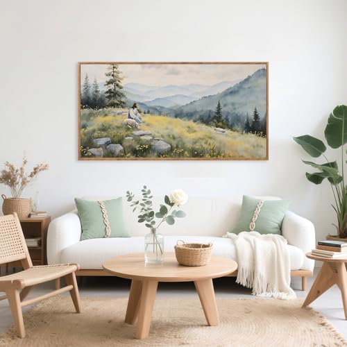 Aurlan Jesus Lost Sheep Psalm 23 Framed Canvas Wall Art 40x20 Inch - color: Jesus Lamb Landscape, size: 40"L x 20"W