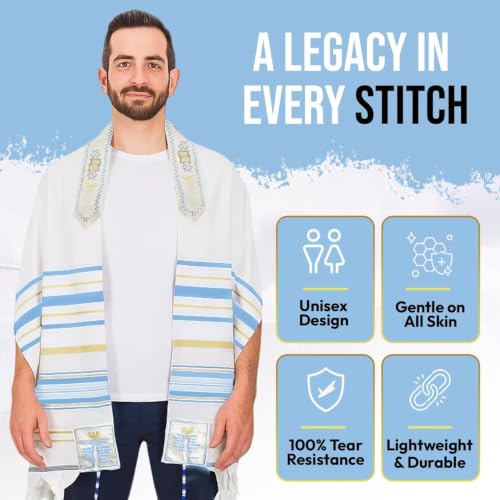 Holy Land Market Messianic Christian Shawl/Tallit - The Messiah Tallit (72 x 22 Inches) - color: Sky Blue