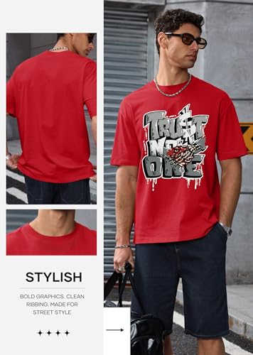Herberton Men's Graphic T-Shirt Loose Fit Cotton Fashion Casual Streetwear Crewneck Short Sleeve Tee (S-XXL) - color: Red, size: Large