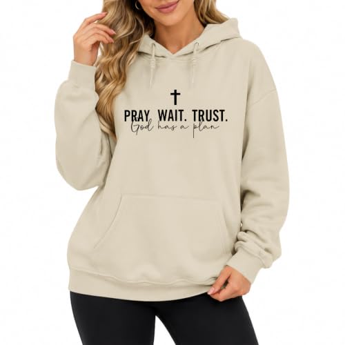 Wrenpies Christian Faith Hoodie for Women Jesus God Religious Bible Verse Hoodies Cross Pray Wait Trust Graphic Sweatshirt - color: Apricot, size: X-Large