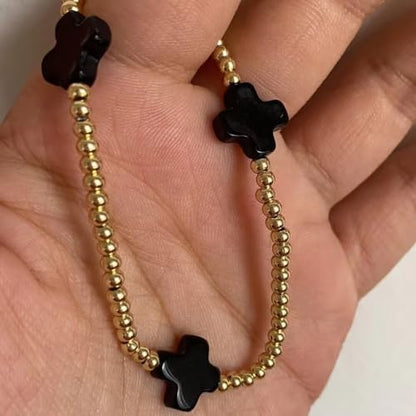 Colorful Cross Charm Bracelets for Women Men Adjustable Gold Plated Beaded Bracelet Boho Bead Ball Stretch Bracelet Birthday Summer Beach Jewelry - color: Black