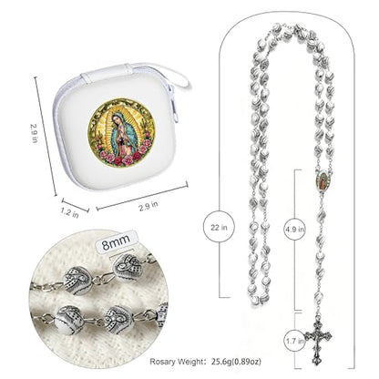 Handmade Rosary Beads for Women, Elegant Catholic Gifts for First Communion, Confirmation & Spiritual Prayer, Unique Beaded Rosary Necklace with Zippered Case - color: White - Our Lady of Guadalupe