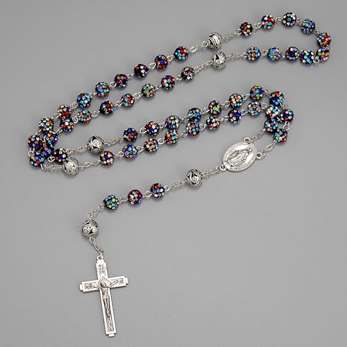 Nazareth Store Rhinestones Crystal Beads Rosary, Catholic Rosary Necklace with Silver Miraculous Medal INRI Crucifix, Multicolor Rosaries in a Gift Case - color: Colorful with Metal Beads