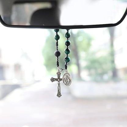 Nazareth Store Tiger Eye Beads One Decade Rosary Handmade Pocket Car Mirror with Saint Joseph Medal and Jesus Cross in Antique Silver Volcanic Stone Travel Friendly Rosary - color: Green Tiger Eye