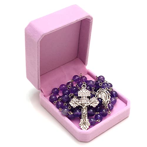 Rosary Beads Chaplet Purple Natural Amethyst Crystal Rosery Cross Catholic gifts - color: Purple