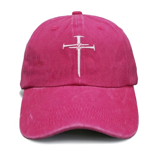 Christian Redeemed Cross Nails Hats for Men Women, Vintage Adjustable Cotton Embroidered Front & Back Baseball Cap - color: Christian-pinkie