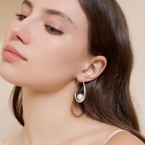 Lightweight Teardrop Hoop Earrings for Women - 14k Gold/White Gold Plated Large Oval Pull Through Hoop Earrings High Polished Statement Jewelry Gift for Women - color: Silver Pearl
