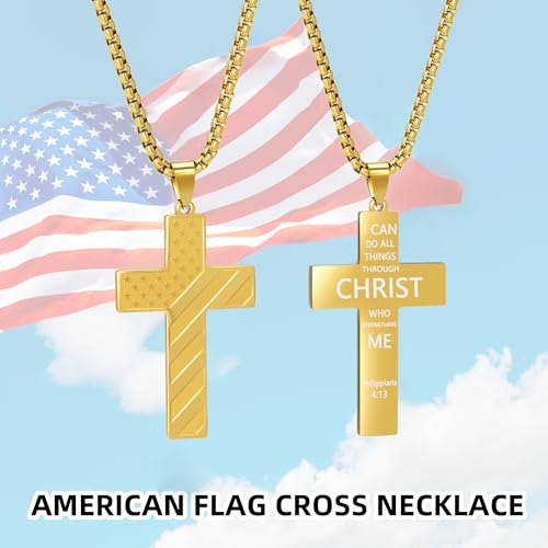 American Flag Cross Necklace for Men, Christian Confirmation Baptism Gifts - color: Gold, style: Philippians 4:13