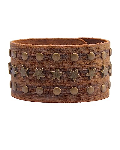 GelConnie Leather Cuff Bracelet Punk Braided Bracelets Rock Leather Wristbands Faux Mens Leather Bracelet Gothic Viking Bangle Adjustable Wrap Bracelet for Women,Men - color: Brown Star Leather Bracelet