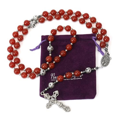 Nazareth Store Genuine Rosary Stone Beads Necklace Metal Beaded Glory Beads Miraculous Medal & Silver Cross Crucifix For Men and Womens - color: Red Garnet