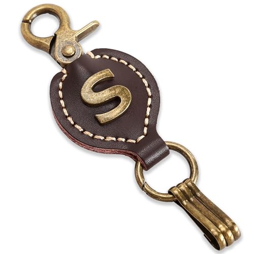Initial Letter Keychain Brown Leather Alphabet Keychain with Easy Clasp, Key Car Key Bag Key Ring for Women Mens - color: S