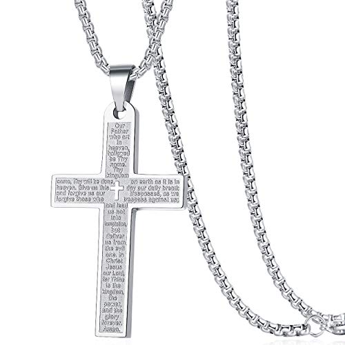 Mens Bible Verse Lords Prayer Cross Pendant Necklace Chain Men Women - color: Silver