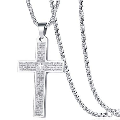 Mens Bible Verse Lords Prayer Cross Pendant Necklace Chain Men Women - color: Silver