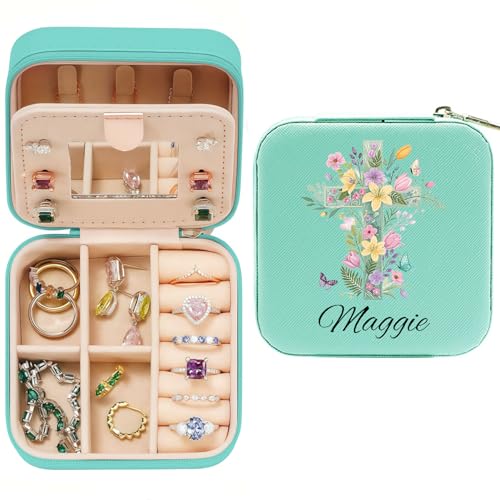 Cherished Moments Personalized Jewelry Keepsake Box with Custom Cross and Name for Teenage Girls Christening Gift - color: Cross and Name-Turquoise