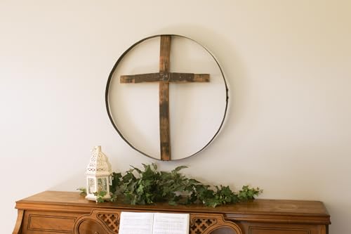 AmishToyBox.com Rustic Barrel Ring With Cross Decorative Wall Art, Reclaimed Whiskey Barrel Art