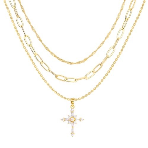 Cross Necklace for Women, Dainty 14K Gold Plated Cross Pendant Simple Long Necklaces for Women, Christian Faith Necklace Trendy Gold Jewelry Gifts for Easter - color: 3 layer zircon cross necklace-1