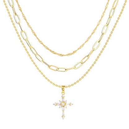 Cross Necklace for Women, Dainty 14K Gold Plated Cross Pendant Simple Long Necklaces for Women, Christian Faith Necklace Trendy Gold Jewelry Gifts for Easter - color: 3 layer zircon cross necklace-1