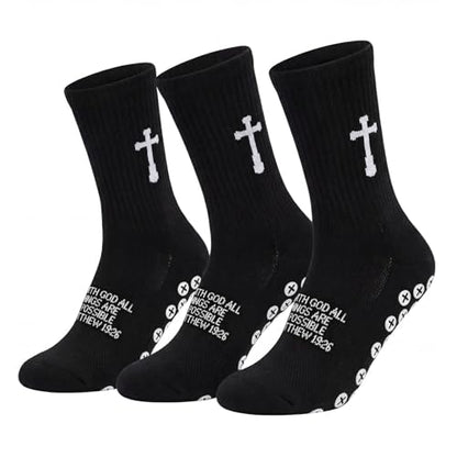 3 Pair Grip Christian Soccer Socks,Easter,Christmas Gift for Men - color: Matthew 19:26 - Black