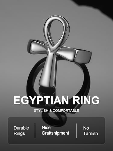 ChainsProMax Can Engrave Men Ancient Egyptian Eye of Ra Ankh Cross Ring, Size #7-#14, Stainless Steel/Gold Plated/Black (Send Gift Box) - color: Engrave-ankh cross-stainless