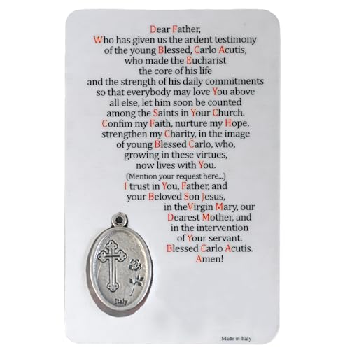 Holy Prayer Card with Built-In Medal Pendant | Laminated Full-Color Prayer Card | Great Variety | Great Christian Gift for First Communion and Confirmation (Saint Carlo Acutis Prayer Card with Medal) - color: Saint Carlo Acutis Prayer Card with Medal