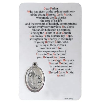 Holy Prayer Card with Built-In Medal Pendant | Laminated Full-Color Prayer Card | Great Variety | Great Christian Gift for First Communion and Confirmation (Saint Carlo Acutis Prayer Card with Medal) - color: Saint Carlo Acutis Prayer Card with Medal