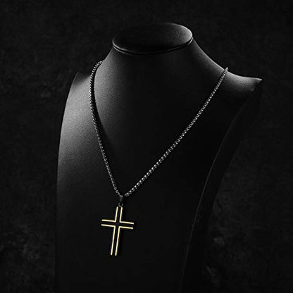Holizaly Men's Cross Necklace 316L Stainless Steel Pendant White/Gold/Black/Blue Rolo Chain-Gift Box Included - color: Black gold