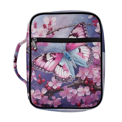 Coldinair Butterfly Bible Cover for Women Nylon Bible Holder Carrier Peach Blossom Carrying Organizer Bible Bag, Zipper and Pockets for Standard Large Size Bible - color: Butterfly Peach Blossom