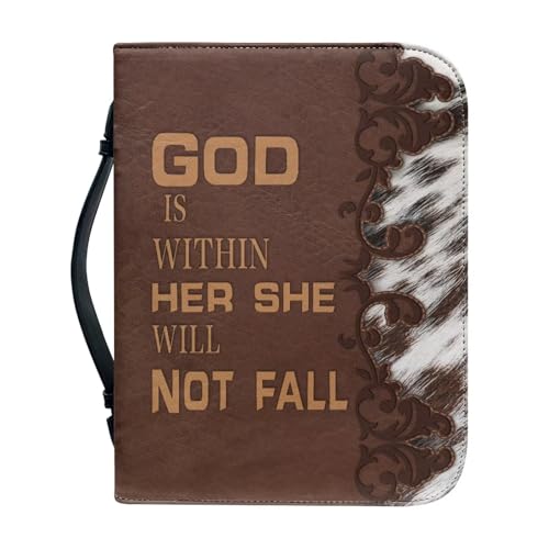 Dellukee Bible Cover Case Brown God is Within Her She Will Not Fall Print Book Cover Leather Bible Case for Women Girls with Handle - color: Brown Leather She Will Not Fall, size: X-Large-bible size ≤10.2*7*1.9 inch