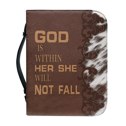 Dellukee Bible Cover Case Brown God is Within Her She Will Not Fall Print Book Cover Leather Bible Case for Women Girls with Handle - color: Brown Leather She Will Not Fall, size: Large-bible size ≤9.2*6*1.6 inch