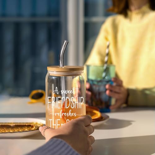 A Sweet Friendship Refreshes The Soul Christian Gifts for Women, Friendship Gifts for Women Sister Friends, Bible Verses Glass Cups Tumbler Cups W Lids Straws, Inspirational Religious Birthday Cup