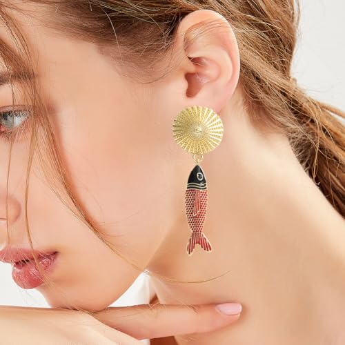 Creative Exaggerated Ocean Animal Drop Dangle Earrings for Women, Bohemia Style Alloy Lobster Octopus Fish Crab Earrings for Summer Beach Holiday Party Jewelry Gifts - style: Red Fish Earrings