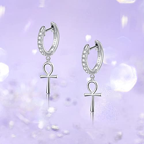 S925 Sterling Silver Ankh Cross Huggie Hoop Dangle Drop Earrings