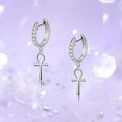 S925 Sterling Silver Ankh Cross Huggie Hoop Dangle Drop Earrings