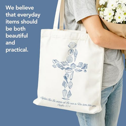 Christian Seashell Cross Canvas Tote Bag, Religious Coastal Gifts for Christian Women Mom Teachers Friends, Bible Verse Reusable Bag for Beach Church Shopping School Office