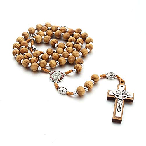 COLORFUL BLING Natural Wooden Catholic Rosaries Wood Crucifix Prayer Beads Pendant Necklace Prayer Jesus Religious Cross Rosary Necklace Handmade Jewelry - color: round silver