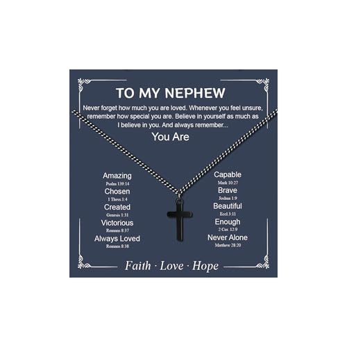 Small Cross Necklace for Boys Baptism Christmas Confirmation Valentines Easter Birthday Gifts to Teens Son Grandson Nephew - color: black, style: Nephew