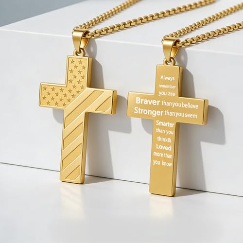 American Flag Cross Necklace for Men, Christian Confirmation Baptism Gifts - color: Gold, style: Brave Strong