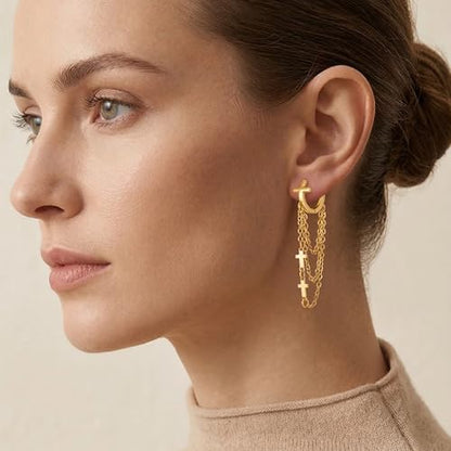 Gold Tassel Chain Hoop Earrings for Women Trendy Cross Evil Eye Dangling Chain Hoop Earrings Huggie Hypoallergenic Fashion Jewelry Gifts