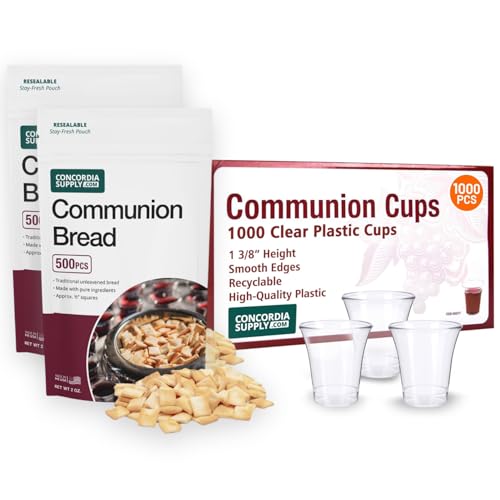 Concordia Supply Communion Cups and Unleavened Communion Bread - 1-3/8" Recyclable Hard Plastic Cups (1000 Count) & 1/2" Altar Bread (1000 Count), Made in USA, Ideal for Church Holy Communion Services