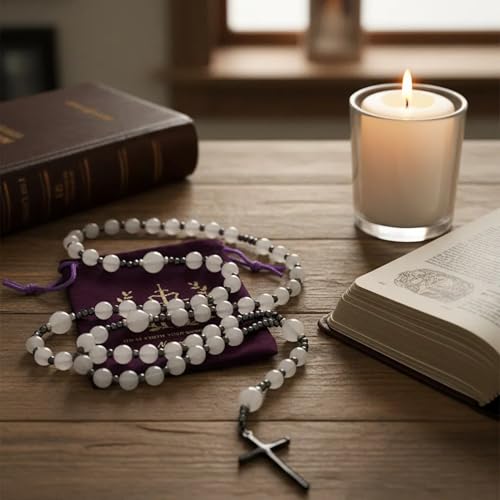 Nazareth Store Jasper Rosary Necklace – Catholic Handmade Rosary with Stone Beads, Hematite Spacers, and Black Alloy Cross – Durable Prayer Beads for Men and Women - color: White Jade
