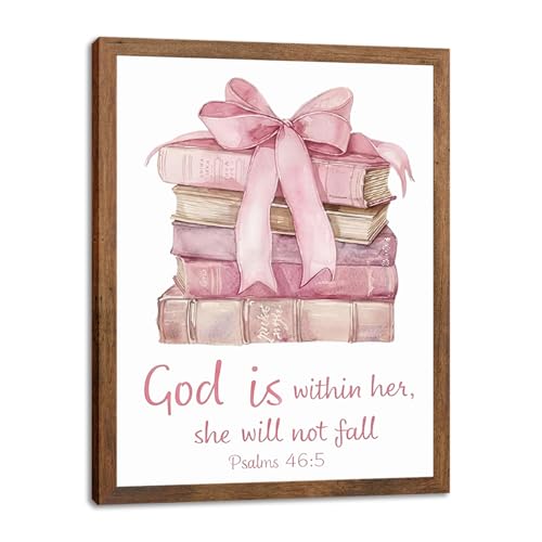 SEHSUVC Pink Bows Books Bible Verse Christian Canvas Wall Art, Wood Framed Trendy Religious Wall Decor, Cute Coquette Preppy Girls Aesthetic Room Decor Gifts for Bedroom Living Room Home Decor 8x10inch - color: Pink Bow Book 46:5
