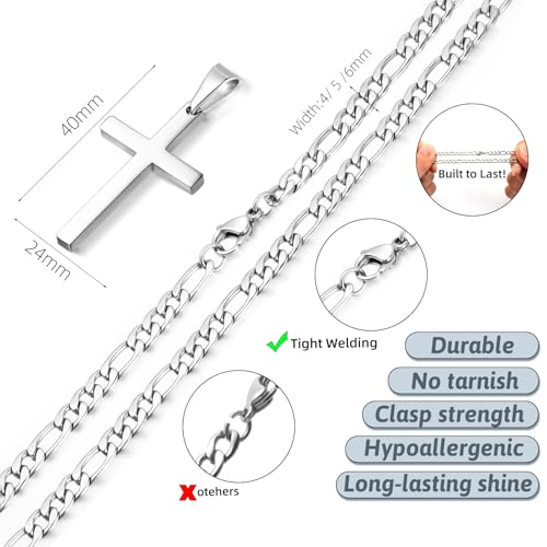 CaptainSteeL Stainless Steel Cross Necklace for Men, Figaro Chain Pendant - size: 24inch, style: 6mm Silver