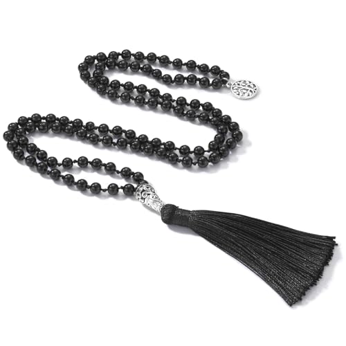 INBLUE 108 Mala Prayer Beads Wrap Necklace with Long Tassel Boho Necklace for Women Amazonite Bead Bracelet with Spiritual Tree of Life Pendant 108 Beads Necklace for Meditation - color: Natural Black Agate