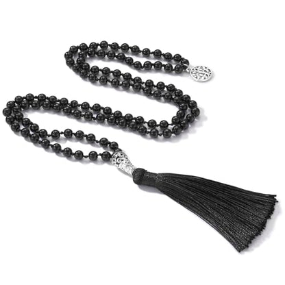 INBLUE 108 Mala Prayer Beads Wrap Necklace with Long Tassel Boho Necklace for Women Amazonite Bead Bracelet with Spiritual Tree of Life Pendant 108 Beads Necklace for Meditation - color: Natural Black Agate