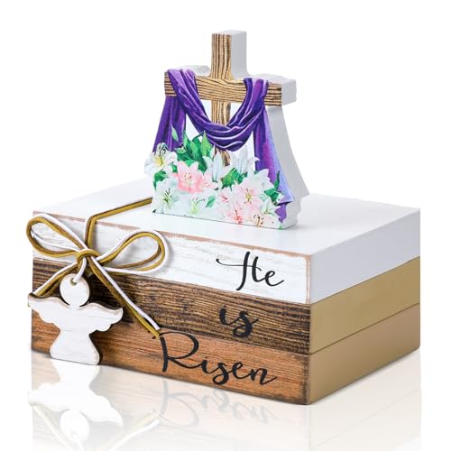 Pinkunn 4 Pcs He is Risen Easter Decorations Christian Wooden Table Sign