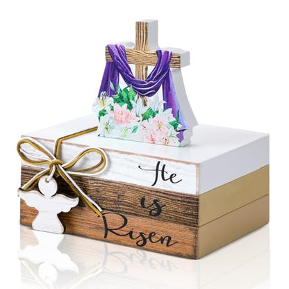 Pinkunn 4 Pcs He is Risen Easter Decorations Christian Wooden Table Sign