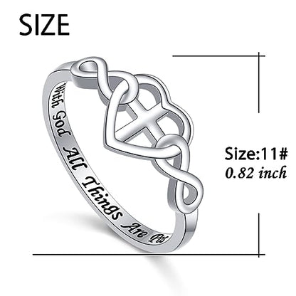 S925 Sterling Silver Christian Cross Heart Faith Bible Verse Necklace Rings - style: VRing:11